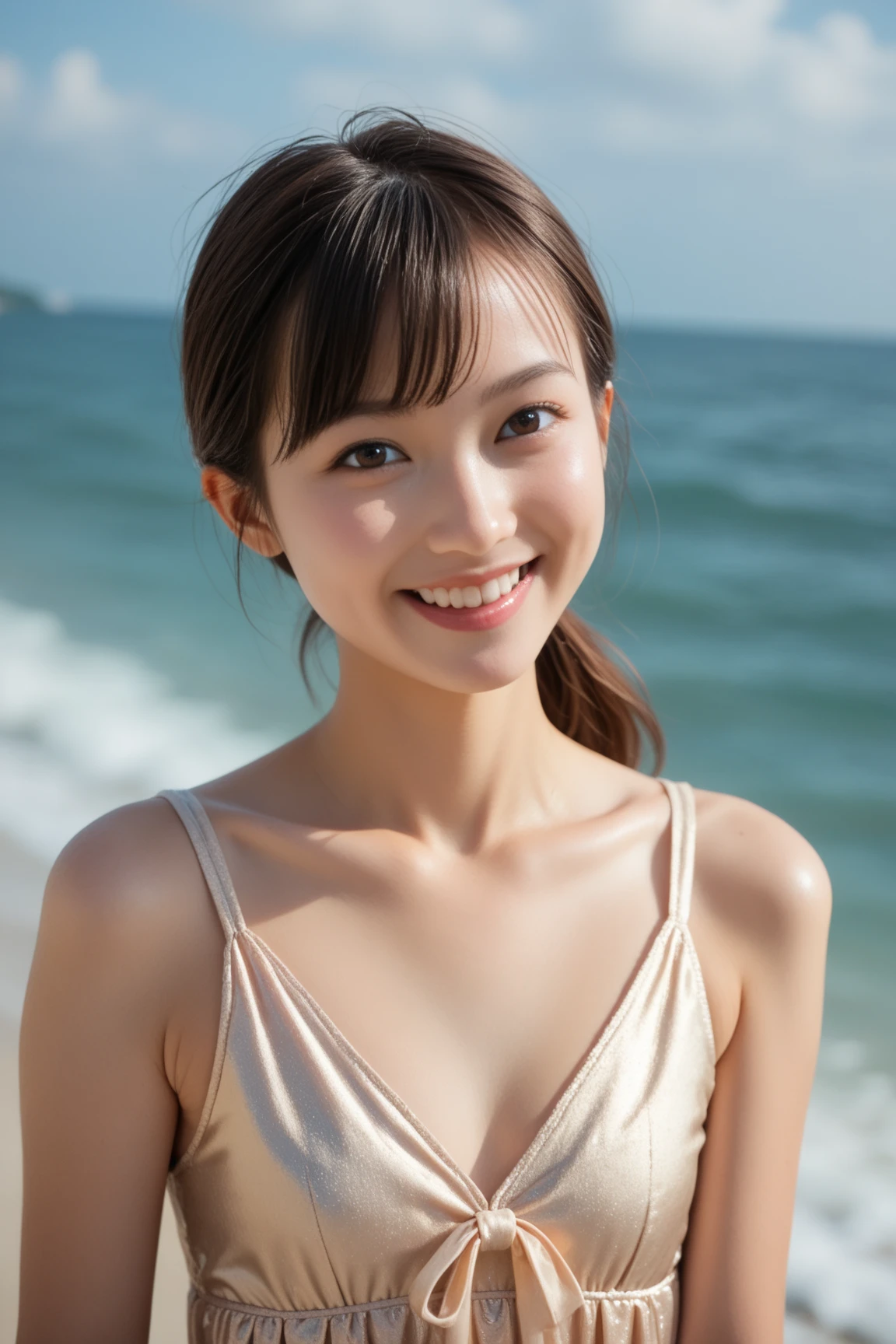 (8k、RAW Photos、Highest quality、masterpiece:1.2)、((naked、Nipples、Open your mouth wide、Squint your eyes、smile:1.5))、((pubic hair、Brighten facial skin、More eyelashes、Hair tied up:1.3))、(Realistic、Realistic)、1 girl、((dance、whole body、Beach、Splash、Flat Chest、Nipples、slim、smile))、cute
