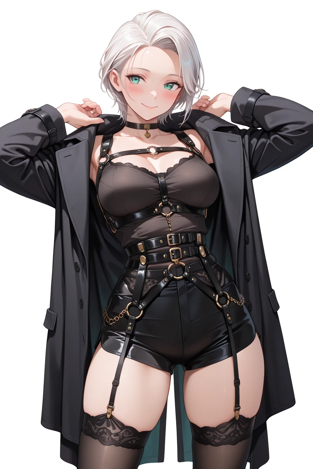 1girl, kal'tsit \(arknights\), arknights \\\\\ masterpiece, best quality, very aesthetic, absurdres, newest \\\\\\ slim body,///// ,by nyantcha,cutesexyrobutts , by khyle,,////// ,,,, , ,,detailed face, , ,, , , , , beautiful face, (white background:1.2), , sexy, , serious.angry, green eyes, animal ears, , , rating:nsfw,,big tits,), in the center of the frame,,, ,lingerie garter belt,, black openwork bra, wears a lab coat, hands in pockets stockings, solo