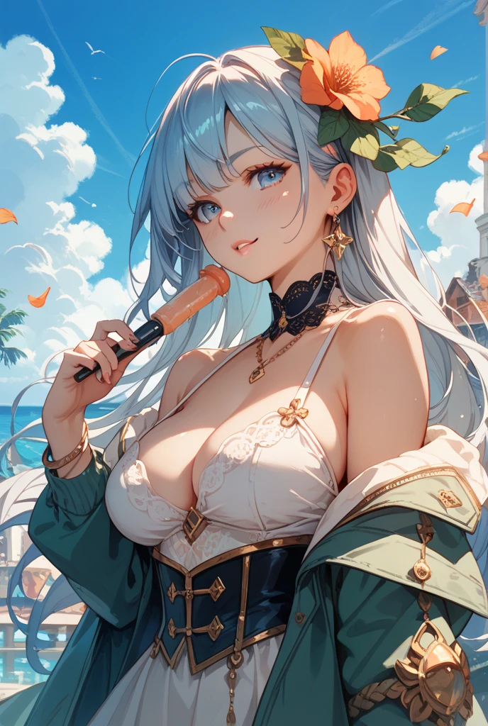 young girl, long blue hair, pink eyes, white robe, hat, open belly, side breast, pants, smirk, Masterpiece, highly quality