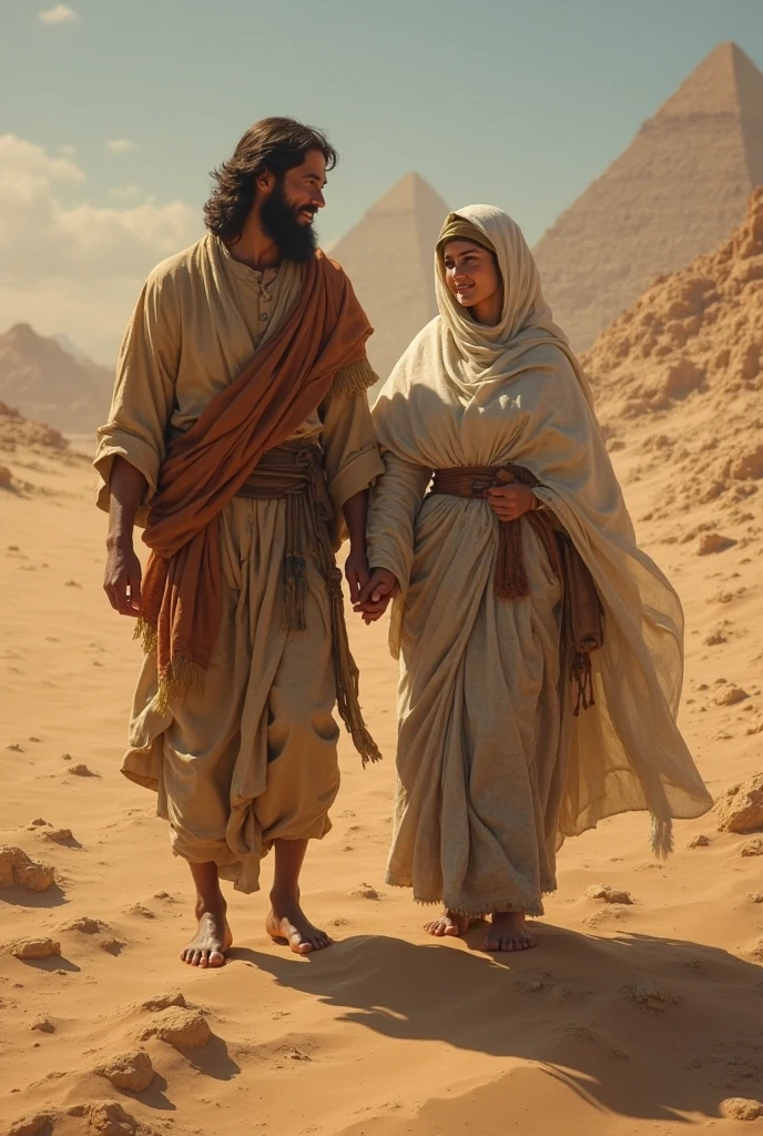 Man with long beard and white beard standing in desert area, Lead the clan, Israelenses vestidos em 36864K filmes, next to an Israeli woman holding a newborn boy in her arms, both of them with advanced age, peles claras, Ainda do filme live action, cenas de filmes live-action, 16384k filme, still image from tv series, cinematic Film still from, film still image, portrait of bedouin d&d, cena maravilhosa