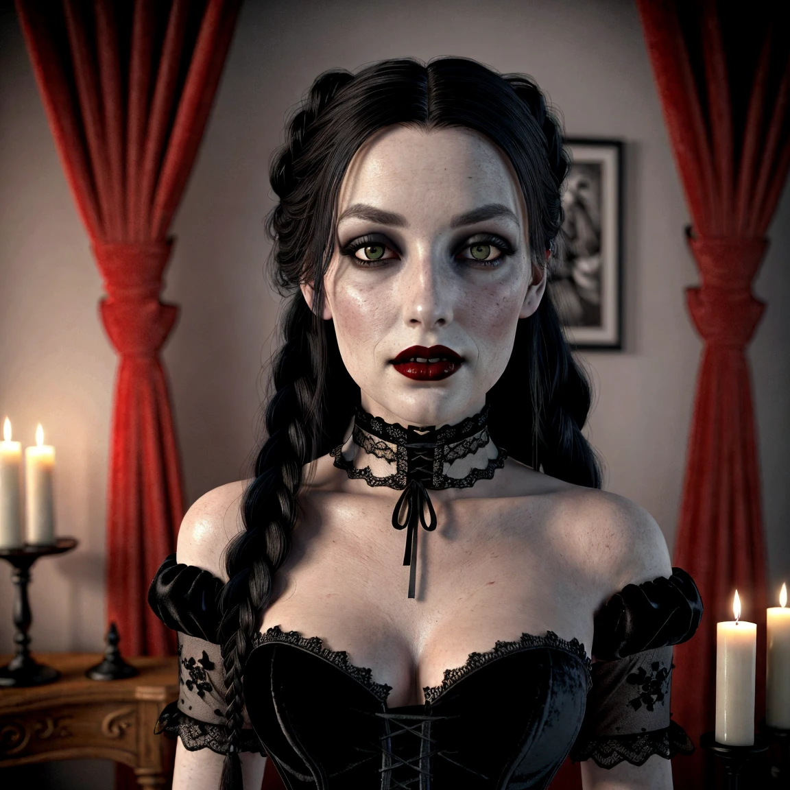 cosplay, spooky, , (hyperdetailed) illustration of  JaimeX as a real-life Wednesday Addams, (wearing a sexy gothgal outfit), black lace dress with a high white collar, pale skin, goth makeup, black hair parted down the middle, braided twintails, arms crossed, neutral expression, one arched eyebrow, (photorealistic:1.3), (detailed realistic skin:1.3), (detailed face and eyes), (masterpiece:1.5), (best quality:1.4), closeup, volumetric dim lighting, muted colors, parlor of a haunted house background,