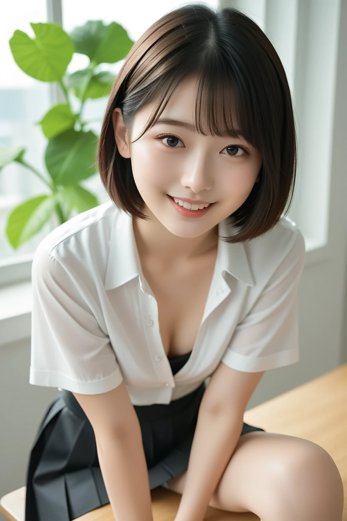The skin is wet from sweat,leaning forward,Cleavage,indoor,office,Wearing a shirt,smile、skirtリフト、skirtを手で上げる,woman, 20-year-old, Black short hair、bangs、(skirt),(White lace panties)、Cute earrings