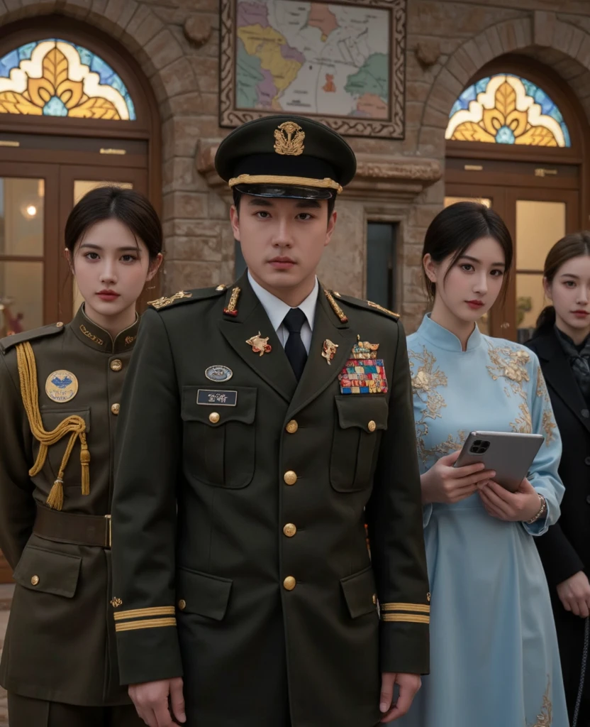 A Chinese man in a dark Chinese military uniform stands holding the waist of a woman in a cheongsam with red lips and 90s-style Chinese makeup 