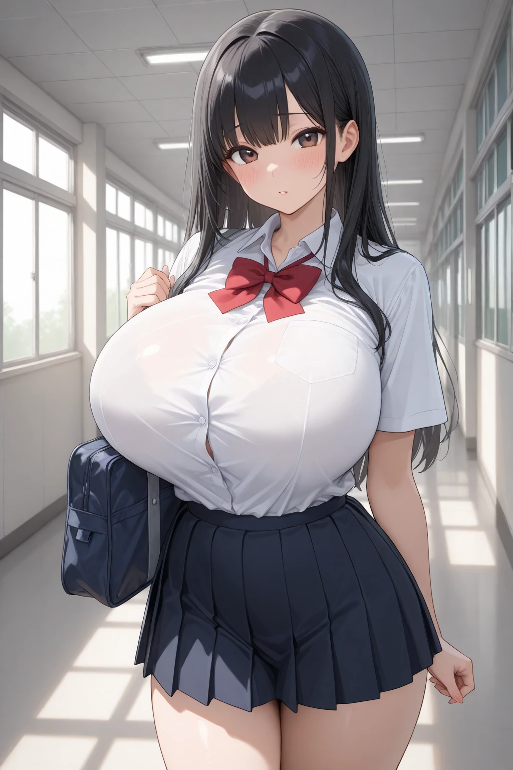 masterpiece, best quality, 1girl, (black hair, long hair, black eyes:1.2), cute, (school uniform, clothes too small, tight clothes:1.1), classroom, (curvy, slim waist, bottomheavy, gigantic thighs, extremely wide hips:1.1), (gigantic breasts, bursting breasts, button gap:1.2)