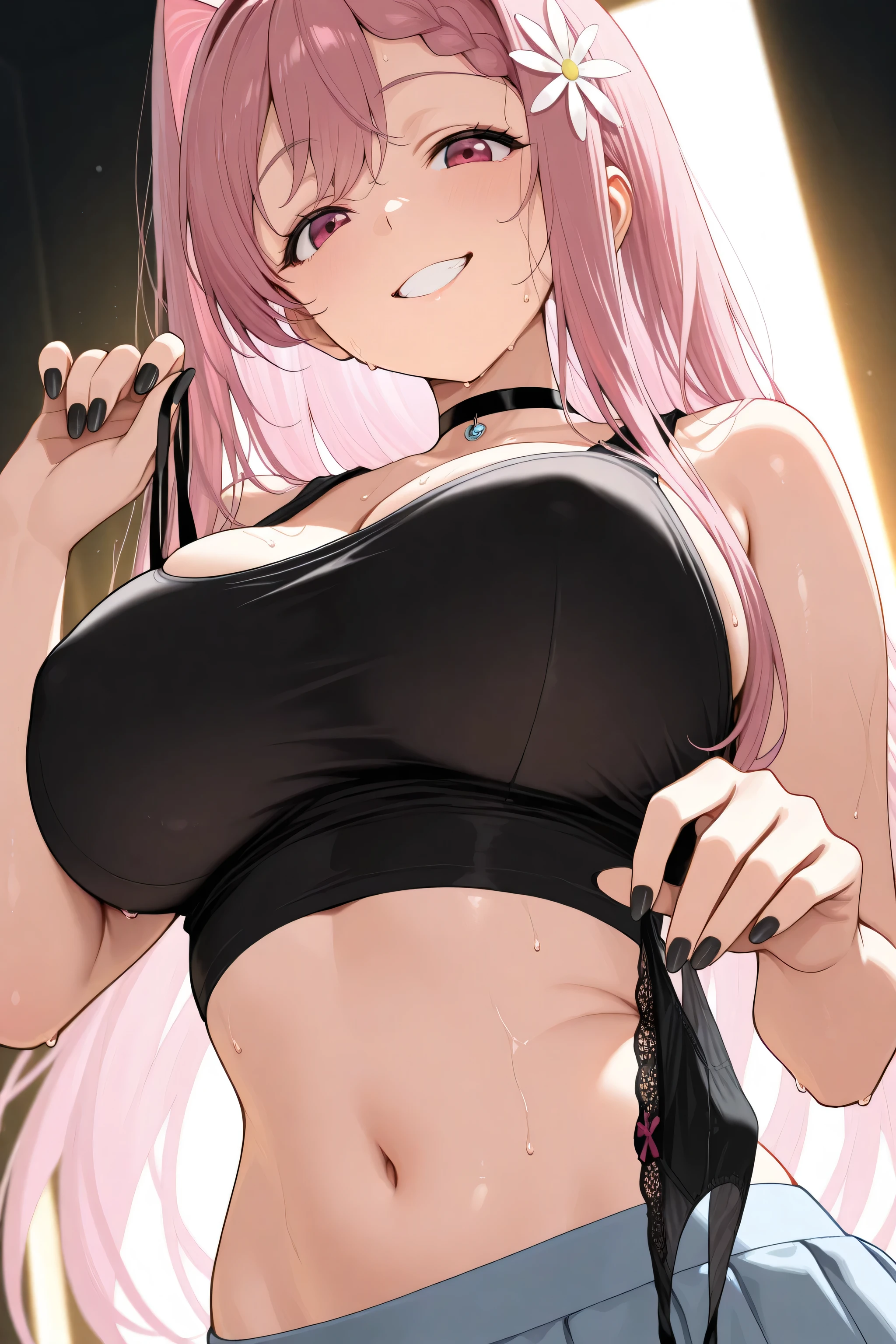((masterpiece,High resolution,Highest quality))
(2,A dark skinned woman,Very small waist,Super big breasts)(Erection atmosphere,Charm)
(Purple hair short,bangs,Square Blade,Dark Skin,Pink Eyes,poorly eyes)
(black t-shirts,Denim shorts,belly button)Adult Toys, choker, sexual features, erect nipples, nipple piercing. 