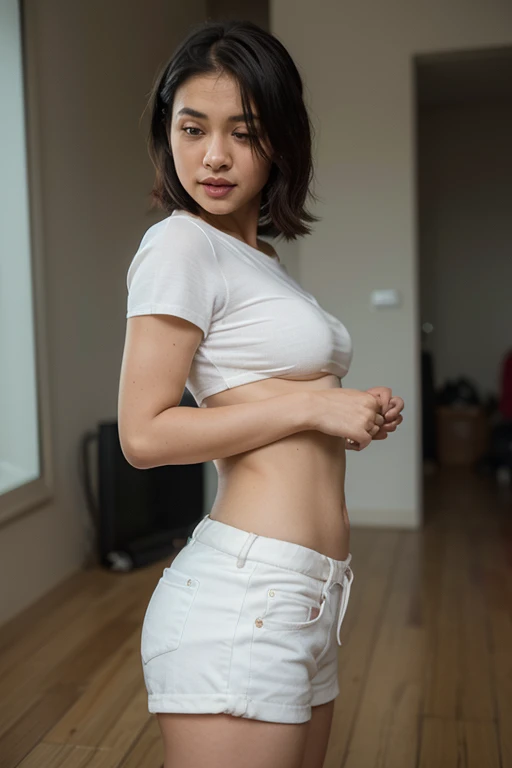 NSFW, 1girl in, (Well-formed face), (Ideal ratio body proportions), korean girl, 19 years old, Modern old cityscape, Sunnyday, ((Open leg jump)), (((underboob, sports wear))), ((Jersey on upper body)), (((Sportsbra)), Wet, Torn clothing, Smiling smile, de pele branca, A slender, Dark hair, straight bob hair, ((white hairband)), round earrings, beauty legs, Small buttocks, surrealism, Cinematic lighting, depth of fields, One-person viewpoint, F/1.8, 135 mm, canon, nffsw, masutepiece, ccurate, Anatomically correct, Textured skin, Super Detail, high details, High quality, awardwinning, Best Quality, hight resolution, 1080p, 4K, 8K