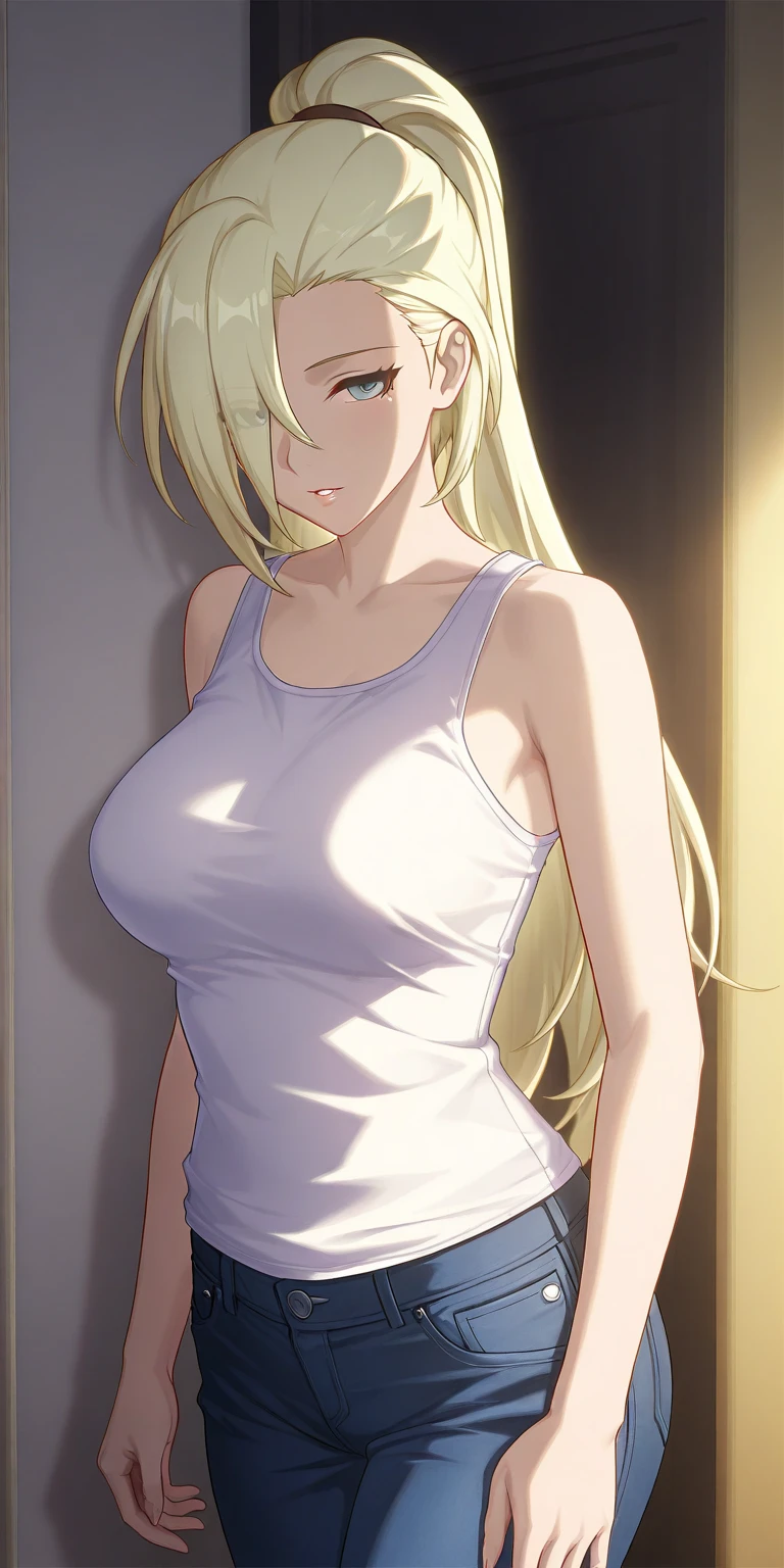 Seina Kashiwazaki, 1girl in, a blond, ponytail, (medium breast), cropped tank top, cum on face, detailed.