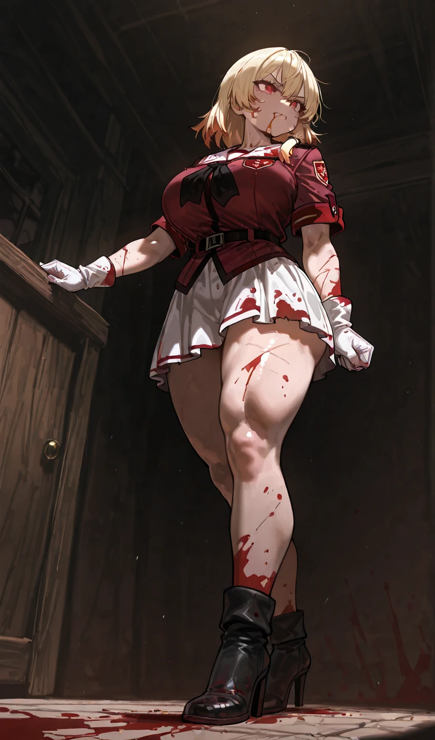 ((masterpiece)), ((best quality)), ((full colored)), beautiful girl, curvy, tall, belly button, big breasts, femdom, slaughter, bloody white dress, Blood on the body, Bloody, Blood on the belly button, Blood on the belly, Blood on the breasts, tall, bloody knife, bloody sword, war, fight, kill, Behead, shot from below, sensual, Blood on the breasts, smile, spattered by much blood, having a big bloody sword, reflecting blood on the whole body, looking down on me, massaging breasts, getting excited sexially, kill everyone, blood splatter, cruel, background with battlefield 