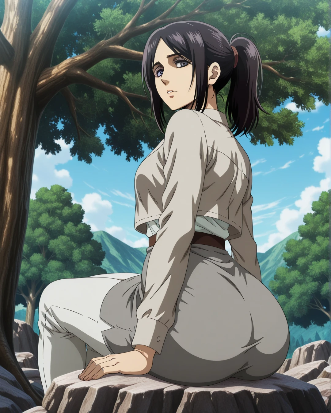 mikasa1 a woman, bare legs and feet curled up, whole body, sexy pose, looking at the viewer, shirt and underwear, at the forest, 