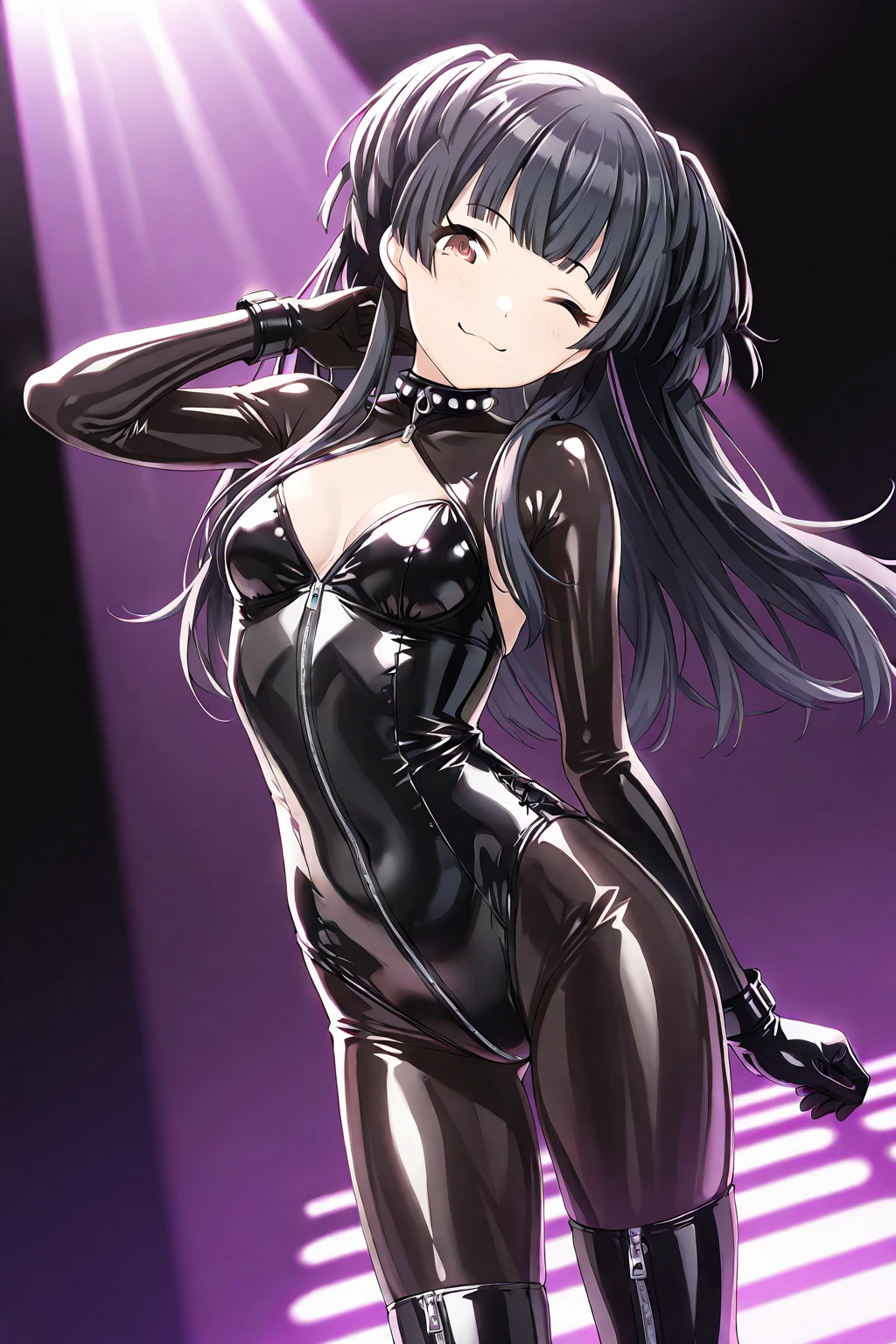 Best picture quality, 4K, 8K, High resolution, Masterpiece: 1.2), ultra detailed,,black and dark aura background,masterpiece, highest quality,best quakity, High resolution,,twintail,flat chest,sheded face,latex,elbow gloves,evil smile,sadistic,evil laugh,small girl,small ,Shiny skin