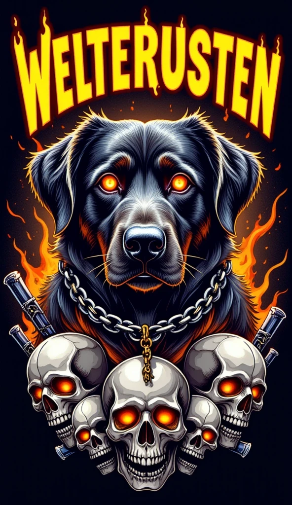 A rabid Pitbull dog dressed in a black jacket with various symbols (skull, weapons and some shots), Dynamic Light, cinematic. --auto --s2