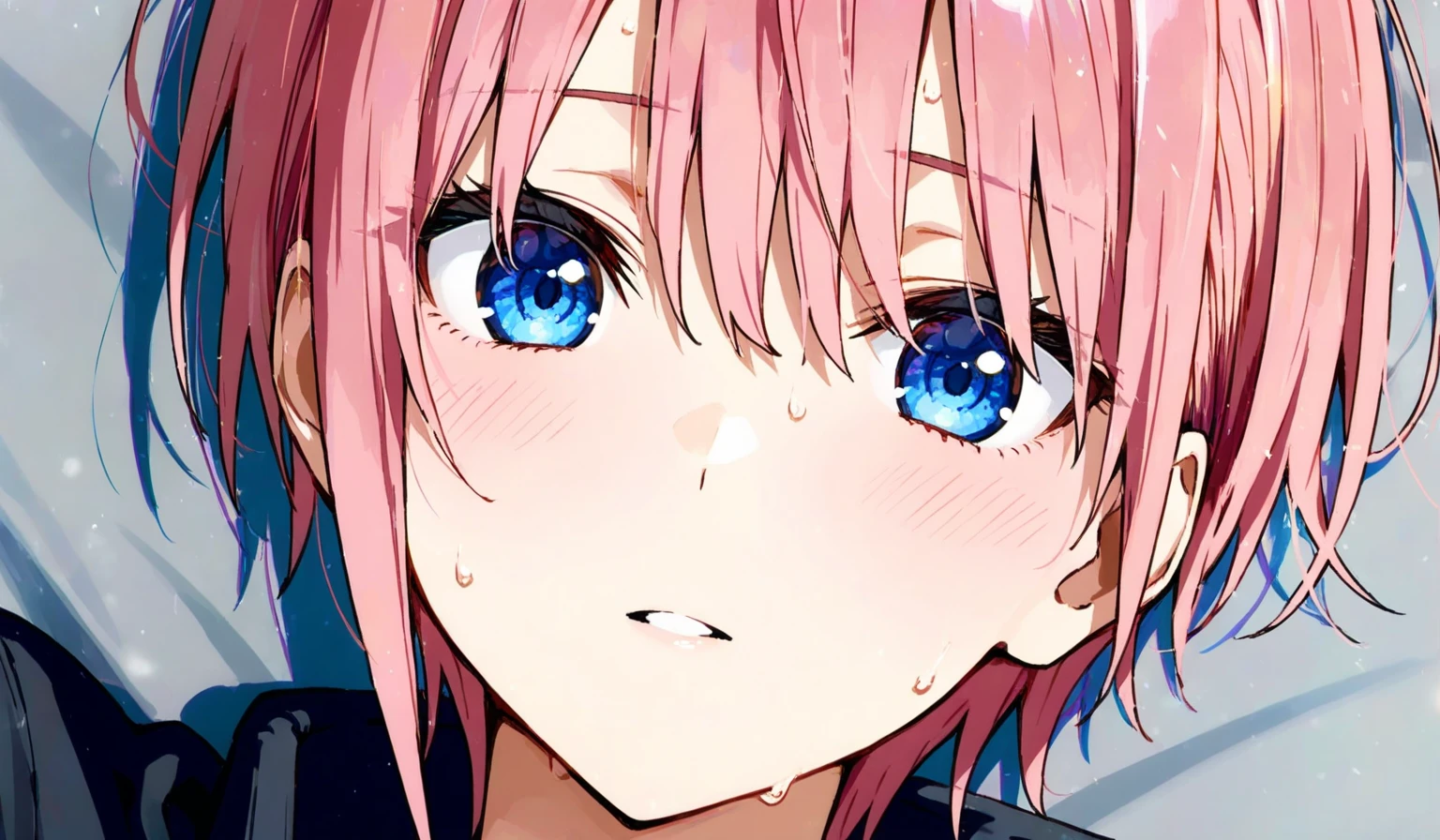 (Highest quality, 4K, 8k, High Resolutiの上, masterpiece:1.2), Very detailed, Picturesque, Anime-style photos, Photo Animatiの上:1.37)、Japanese junior high school student、(Pink Hair)、(Pixie Cut)、(((Plain black shirt)))、(black short pants)、On the bed、spend legs、angry、bukkake、((cum on hair))、cum on face、cum on clothes、trembling、Sweat、Drooling、vapor、Black choker、Open your mouth、Nakano Ichika