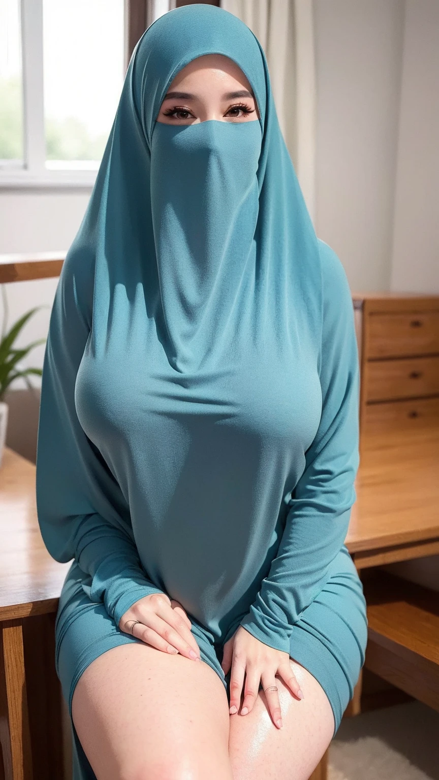The most beautiful,thin,most pretty and clever Asian muslimah adult girl wears capri blue colour lycra turtleneck unitard catsuit with grey lycra gloves.She always wear capri bluecolour lycra dancewear stretchy square hijab.She sits on the bed and reads a lot of newspapers