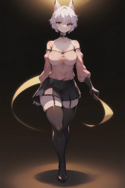 ((BLACK BACKGROUND,1:2, masterpiece)), full body MILF BIMBO standing with two long thighs and two metal sandals, full body, whole body, 1solo, loincloth standing, hands on hips, metal sandals, choker, big belt, view from below, feet together, bracers, tiara)