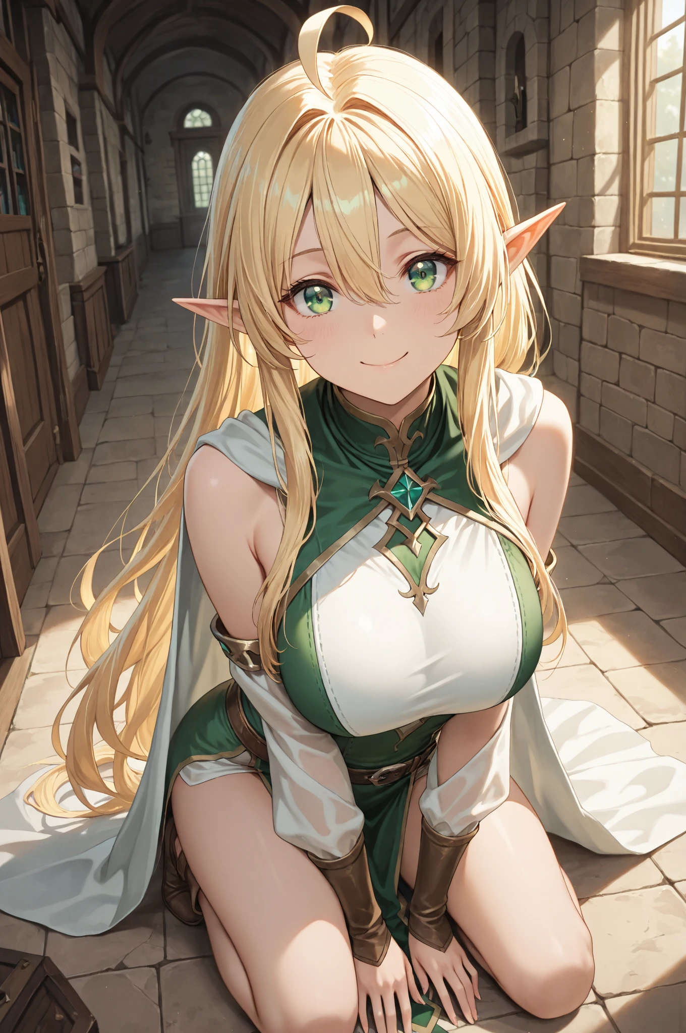 green dress,cape,skirt,Green_outfit,cleavage, cleavage cutout, clothing cutout, <lora:Shera_L_Greenwood-KK77-V2:0.7>,elf,gem,chain,choker, blonde hair,blue eyes,bangs,very long hair, (hair between eyes:1.3),shiny skin,blunt bangs,green hairband, green ribbon,
1 girl, 20yo,Young female,Beautiful Finger,Beautiful long legs,Beautiful body,Beautiful Nose,Beautiful character design, perfect eyes, perfect face,expressive eyes, looking at viewer, in the center of the image,(light_smile:0.5), official art,extremely detailed CG unity 8k wallpaper, perfect lighting,Colorful, Bright_Front_face_Lighting,shiny skin, (masterpiece:1.0),(best_quality:1.0), ultra high res,4K,ultra-detailed, photography, 8K, HDR, highres, absurdres:1.2, Kodak portra 400, film grain, blurry background, bokeh:1.2, lens flare, (vibrant_color:1.2) (Beautiful,large_Breasts:1.0), (beautiful_face:1.5),(narrow_waist)