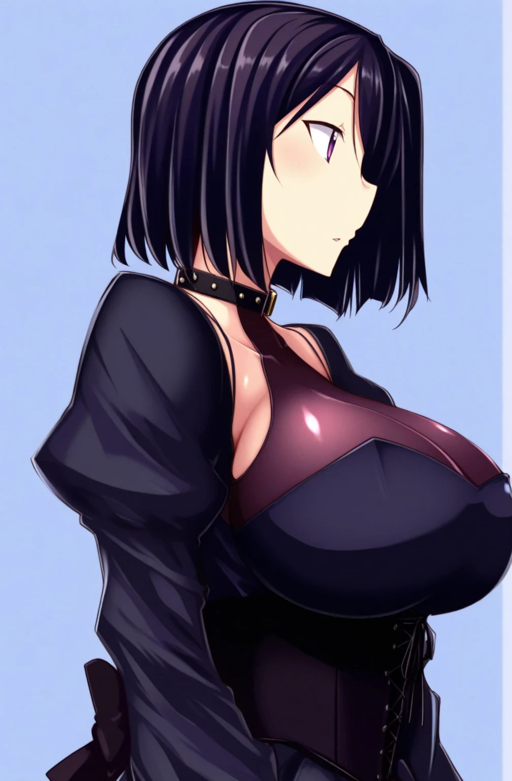 a beautiful girl with violet hair wearing a black dress, extremely detailed facial features, bob haircut, woman wearing a long black and red coat, solo character, white background, anime style, very detailed, photorealistic, 8k, best quality, masterpiece, red eyes, short hair