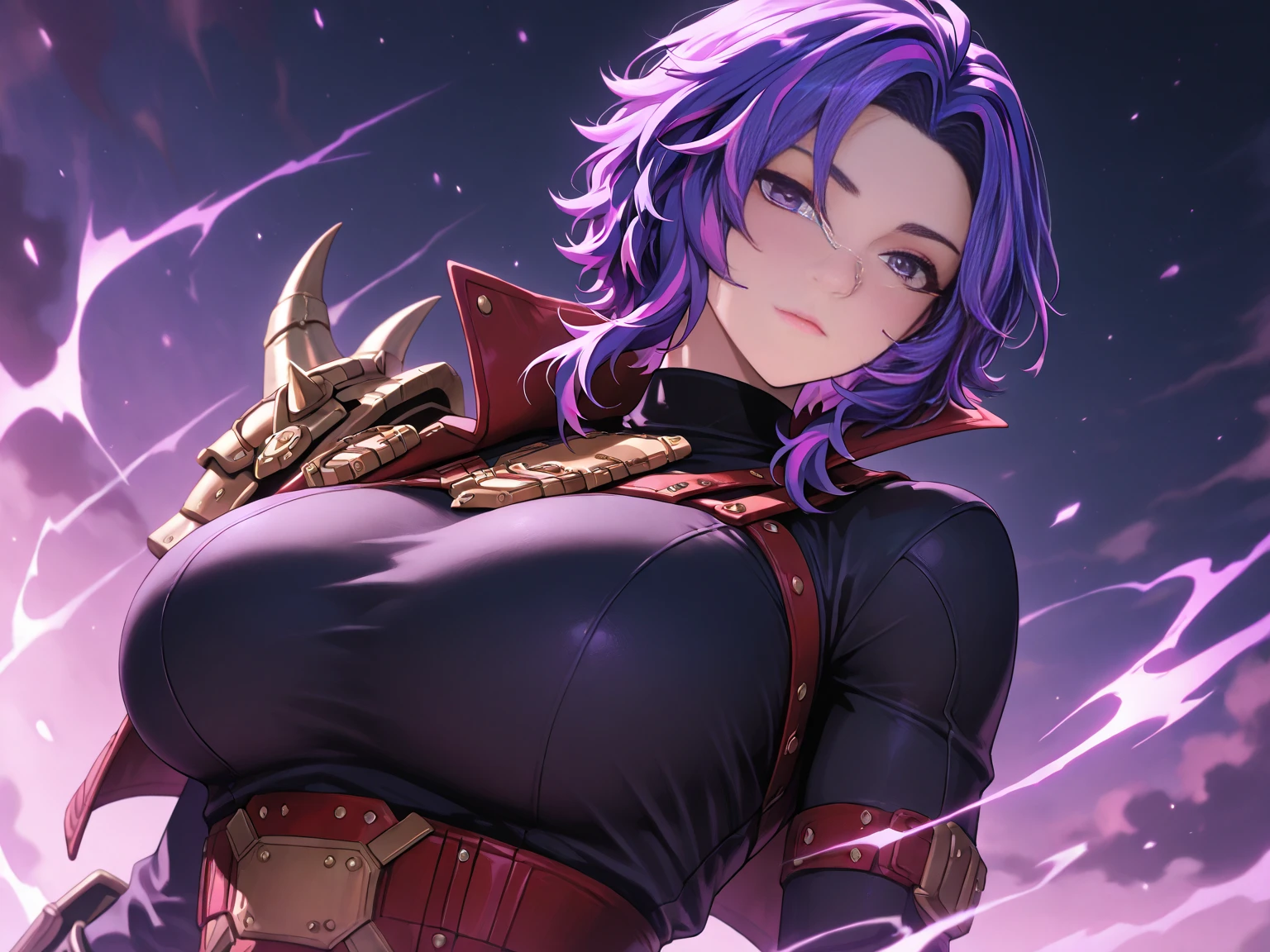 ((best quality,ultra-detailed,realistic)),HDR,UHD,studio lighting,1girl,professional,vivid colors,bokeh,portrait,purple short hair,((short hair)), ((cabelo curto)), light purple short hair,beautiful detailed honey eyes, ((golden eyes)), very long hair,pale skin,curvaceous,concrete,shadow,dark atmosphere, armor,pretty, delicate features, long lashes, big lips, beautiful, straight hair, long lashes, big lips, beautiful, straight hair, ((golden eyes)), ((magic backgound)), armor suit, ((armor suit)), (((detailed face))), (((detailed eyes))), ((purple hair)), ((medieval armor))