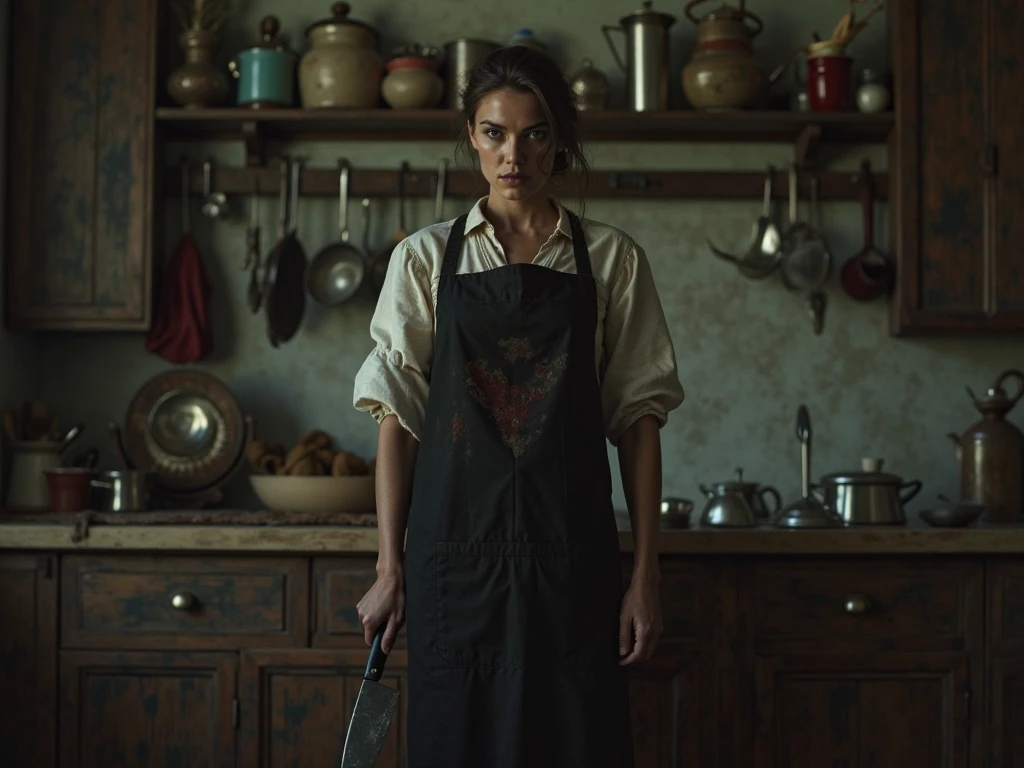 award winning Photo of a woman as a Medieval butcher, with medium breasts wearing a ((bloody apron)) and wielding a cleaver, at a butchers table, pig carcass, blood_on_clothes, blood_on_knife, backlit, undercut hairstyle, smooth, sharp focus, rule of thirds,grim dark, dark fantasy,intricate details, art by aleksi briclot and Greg Rutkowski, medium shot breast ,<hypernet:hypernetworkForProject_hypernetworkForProject:0.592>, <lora:gothicNoir_gothicNoir:0.5>