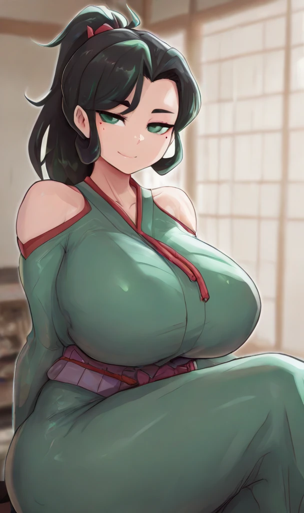 (masterpiece, official art), 1girls, solo, shortstackBT, shortstack, thick, curvy, curvaceous, plump, goddess, black hair, green eyes, long hair, akali, ponytail, (closeup), (huge breasts), (in bed, lying on her back, spread legs), looking at viewer, (upper body), smile, seductive, alluring attire