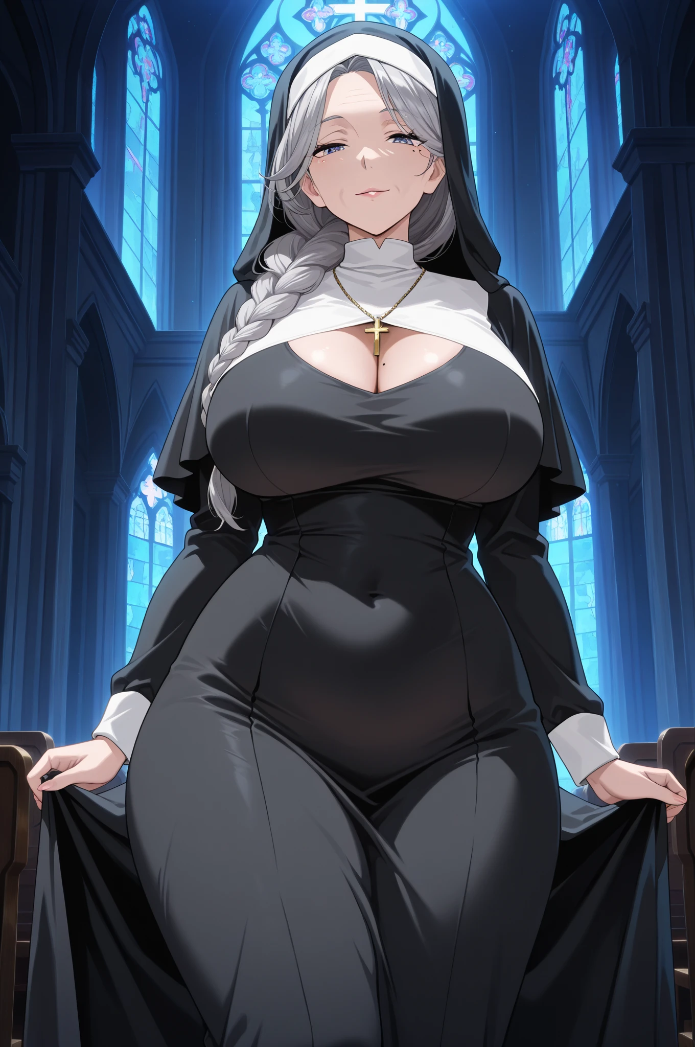 (Masterpiece, best quality), (highres, ultra-detailed), ( perfect anatomy), outdoors, 1girl, solo, dress, sela, large breasts, tan, necklace, white sleeves, thighhighs, muscular, thighs, full body, priestess, church, religous, pants, coat, pullover, boots, body suit, bigdress, big robe,black body suit, HIGH BOOTS, feet together, toe to head