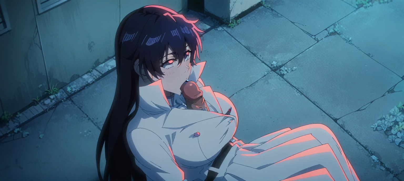 From side,Nsfw,(((1girl,1boy,fellatio))),Hinata sakagichi, (4k), Depth of the bounds written, masterpiece,highly detailed face,highly detailed eye,glowing eyes , shiny skin,fine skin,white skin,dense skin,detailed hair,highly detailed legs, professional photography, Bokeh, High resolution, sharp details, highest quality, woman, white coat, breastplate, black pants, purple skirt, short hair, black hair, purple eyes, high collar, black gloves, sitting,pedal, slender limbs, delicate curves, dainty hands, tiny feet,detailed eyes,growing eyes,