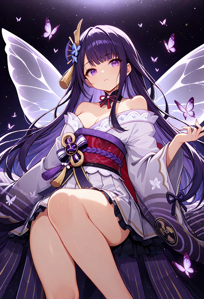 masterpiece, high quality, (((shinobu kochou))), black hair, with purple tips, butterfly headdress on her head, wearing a white bodice with butterflies, a white thong with butterflies, an open kimono with wings design butterfly