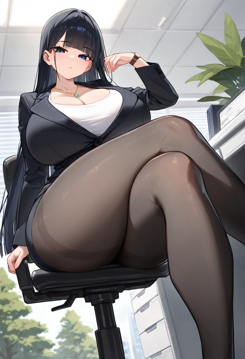 (masterpiece, highest quality:1.2), solo, 1girl, 35-year-old, mature woman, blue eyes, long black hair, (Chubby figure:1.5), grinning, looking at viewer, (Wearing: grey business suit, tight black skirt, black pantyhose, High heels), Indoors, computer room