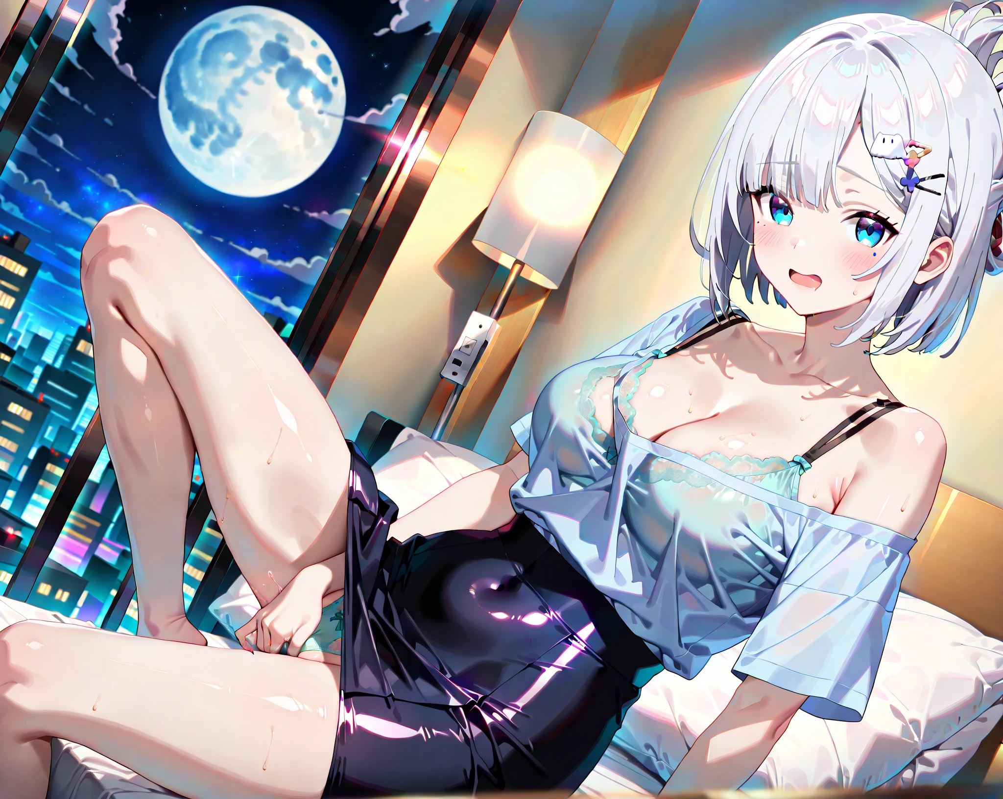 1 girl, game CG, bathrobe, gigantic breasts, silver hair, short hair, french braid, yellow eyes, hotel, night, wine, blush,