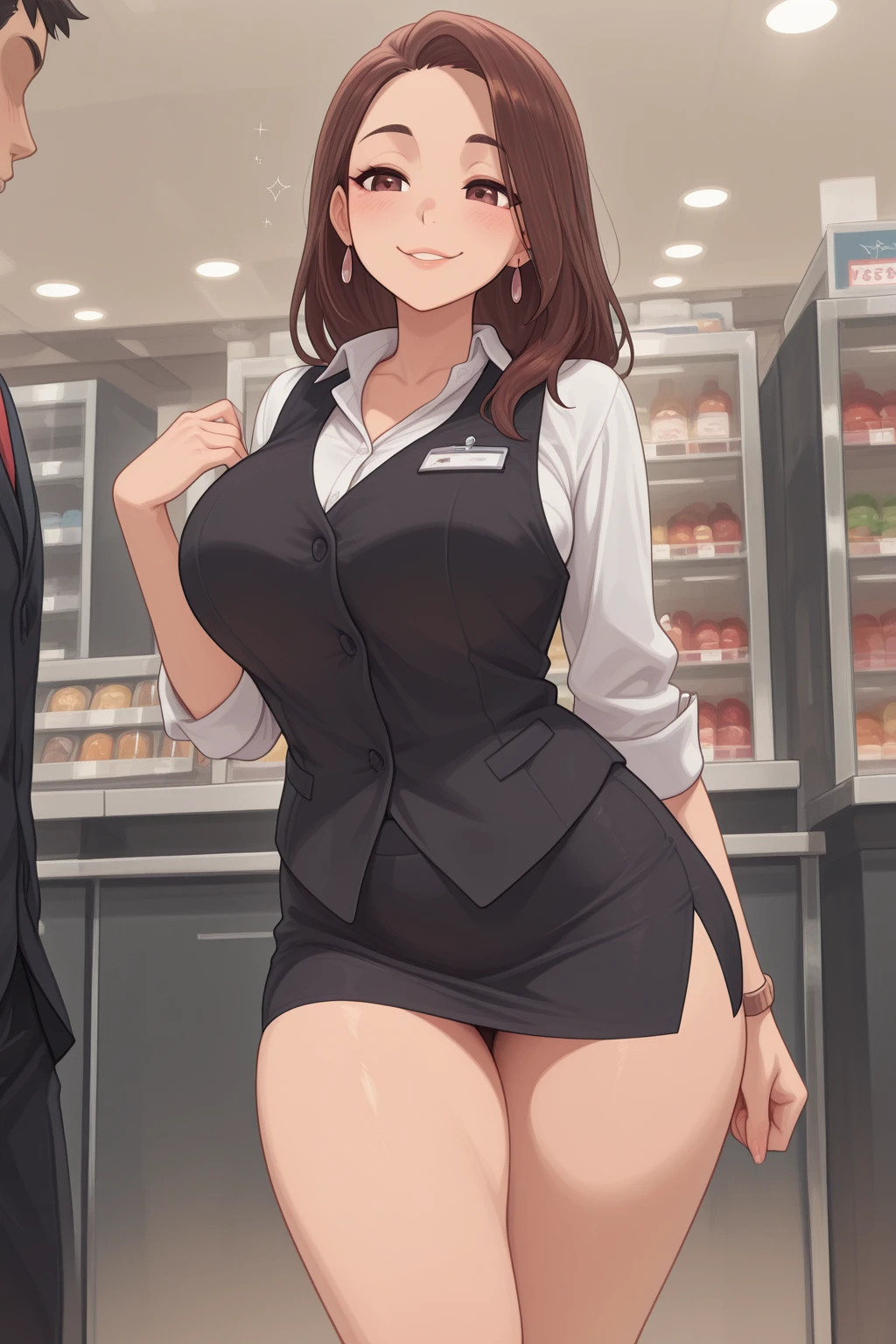 one Rebecca wearing business clothes, making an ATM withdrawal, long brown hair, blue eyes, large boobs, sexy hourglass figure, smiling contently, [ 4 k digital art ]!!, seductive anime girl, deviantart artstation cgscosiety, trending on cgstation, 8k high quality detailed art, photorealistic anime girl render, kawaii hq render, commission for high res, thicc