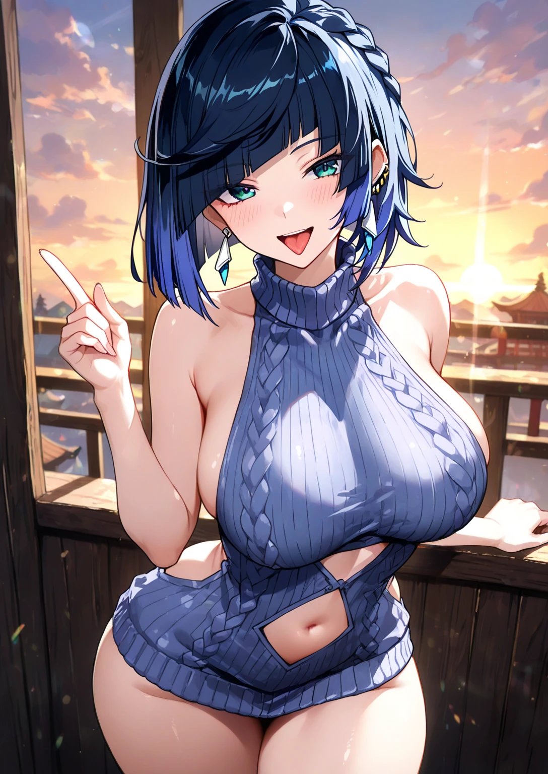 ((((masterpiece, best quality, high resolution)))), (1girl:1.5), (short silky hair, blue hair, blue eyes, hair ornaments), (large breasts:1.2), blush, (cheeky smile, parted lips), glow, thighs, bare shoulders, collarbone, narrow waist, (slender body figure), (beautiful detailed face, beautiful detailed eyes), ((satin dress, slit cut)), (standing up), looking at viewer, jazz bar, (cowboy shot)