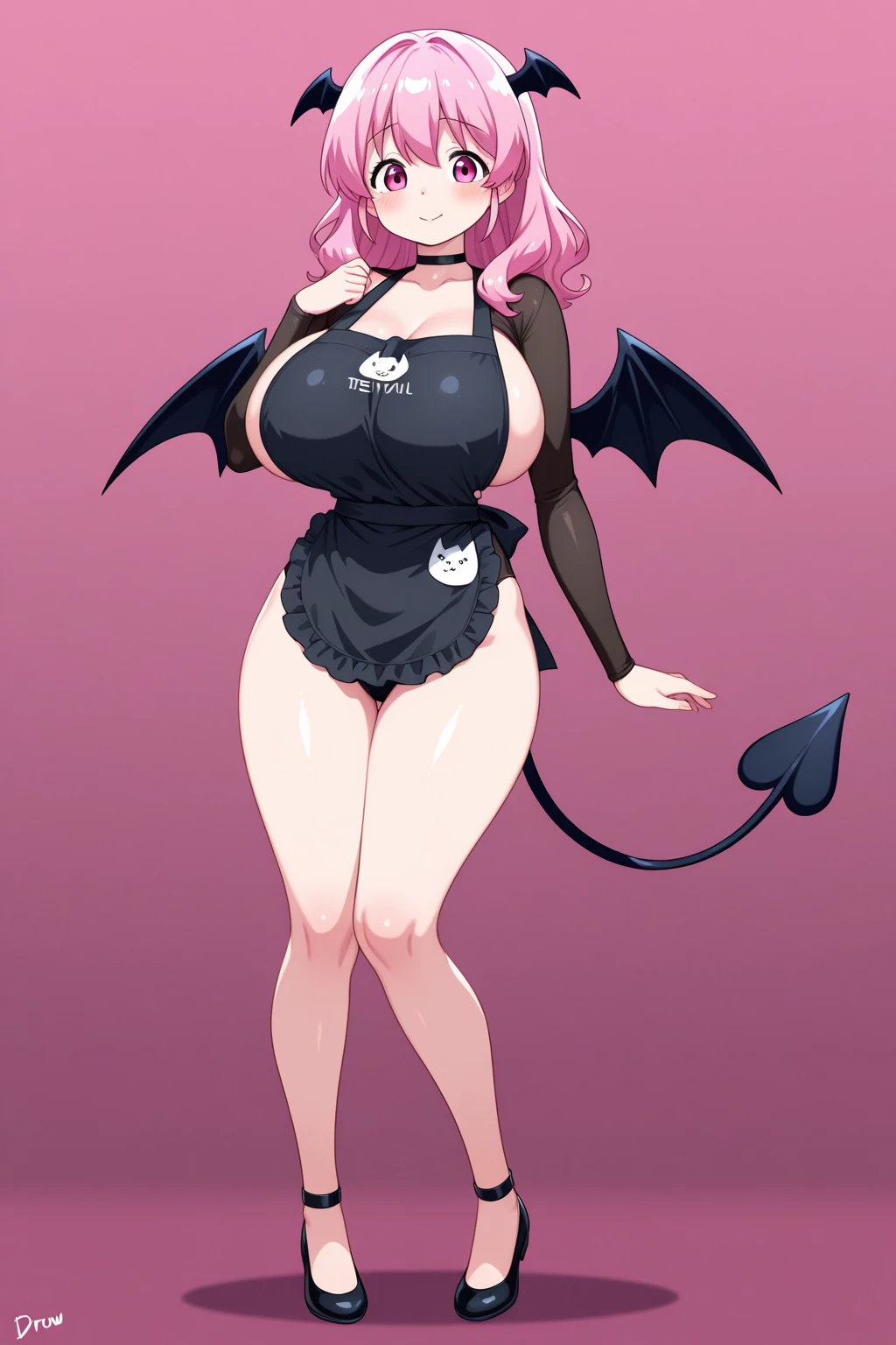 <lora:3ly3-10:0.6>, pink hair, bikini, halterneck, gigantic breasts, <lora:hips2-10:0.8>, wide hips, bikini, full moon, night, red eyes, outdoors, demon wings, demon horns, demon tail, smile, lips, looking at viewer, red eyes, full body, high heels, sleeveless