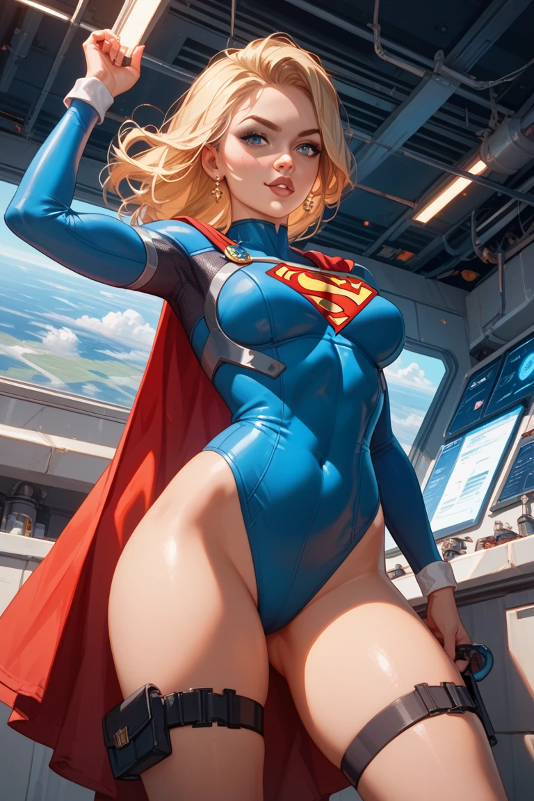 Supergirl in bondage, she's wearing nothing but tiny panties and no bra. her panties are soaked with sweat. (sweat soaked) her chest is bare showing off her massive sweaty breasts (huge bust!!!)  (scared)