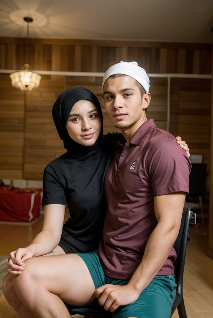 A romantic couple in a hug and kissing, featuring a young Indonesian woman in a pastel hijab pashmina, white t-shirt, blue utility apron, black choker, and mini skirt, slightly chubby, sitting on the lap of a stylish man in a white hoodie, set against the backdrop of a local market.