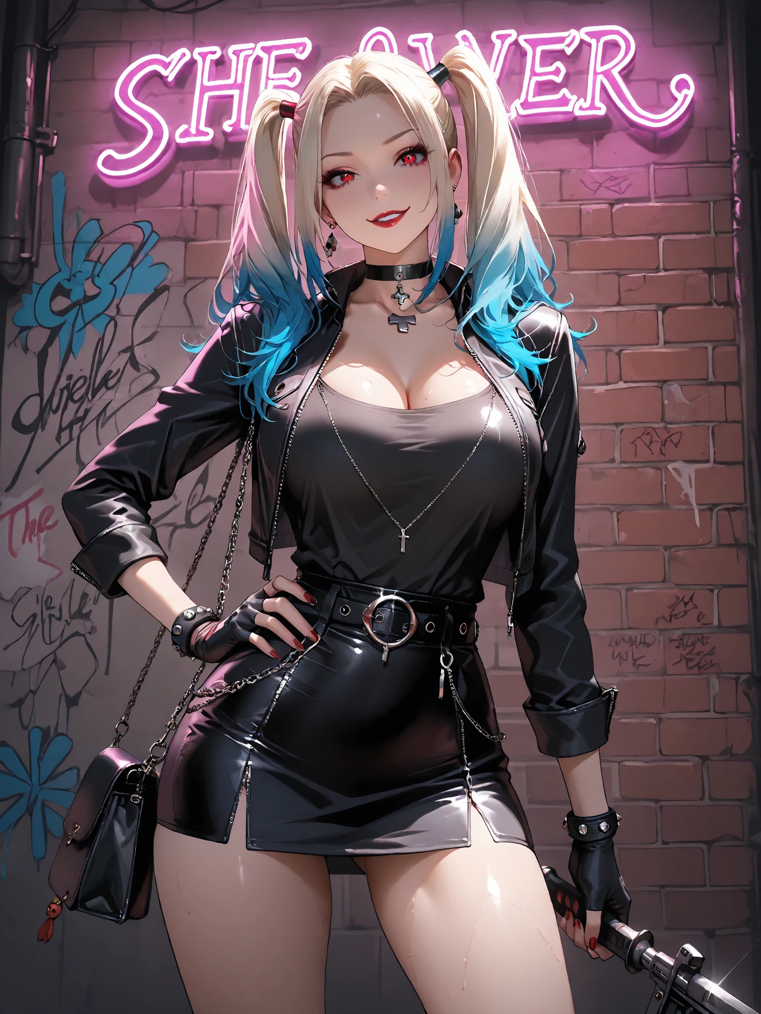 19 year old girl wavy blue hair pink headband gray eyes happy face Transylvania detailed body pirate corsair shirt crimson corset black leather pants gypsy drawn jojo style bizarre adventure