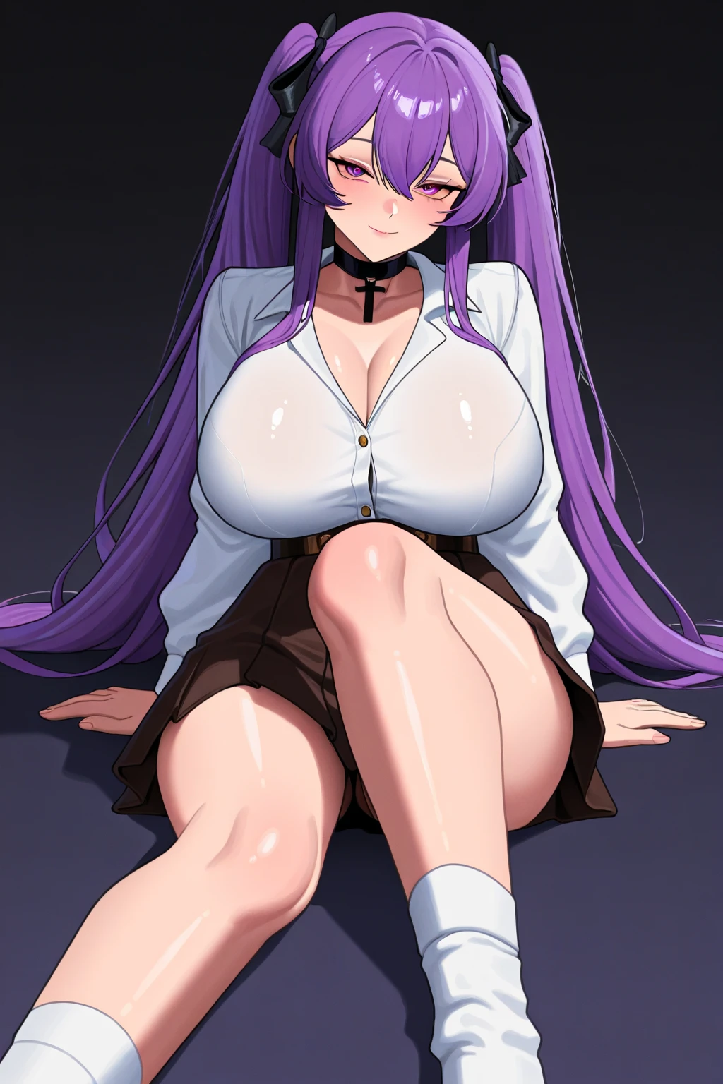 Highest quality, Soft Light, Ultra-high resolution,girl, sexy,alone, (Ecstatic face), (Purple eyes), Beautiful face in every detail,(High resolution detail of human skin texture), (White long hair), break,Dress shirt,tie,(Fellatio gestures:1.3), (Open your mouth:1.2),tongue,(Sweat:1.5),Sigh,Saliva dripping from the mouth,Spread your legs,My leg is being grabbed,Half-naked