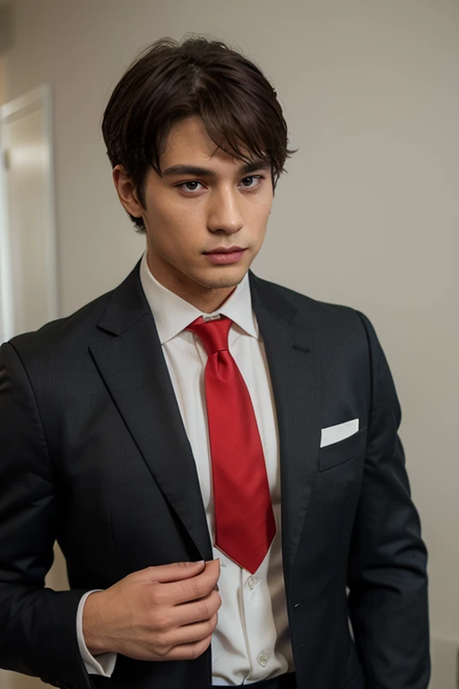 Handsome Boy anime, Wearing a suit, With a red tie, red eyes, and wearing a red bracelet