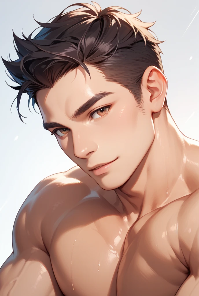 A sexy and handsome man with black hair and brown eyes,he has a penis, abbs, homoerotic, nsfw