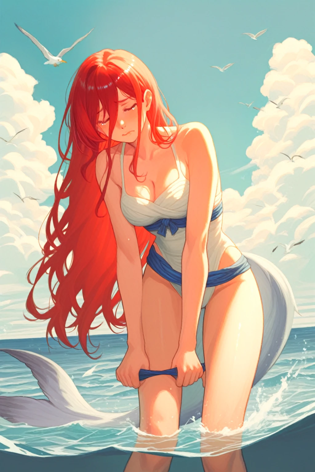 photorealistic, octane render, sharp focus, (8k), (4k), (Masterpiece), (realistic skin texture), extremely detailed, intricate, hyper detailed, soft lighting, high resolution, sharp detail, (best quality, hires, high resolution), extremely detailed, highres, (Volumetric lighting, sunlight, cinematic lighting), 1girl, <lora:Ariel_character:0.7>, red hair, (shell bikini), moaning, rolling eyes, open mouth, ahegao, medium breasts, <lora:hand_in_panties_v0.82:0.7> , (hand in panties), female masturbation, grabbing own breast, kneeling in water, beach, seaside, eyes rolled back,