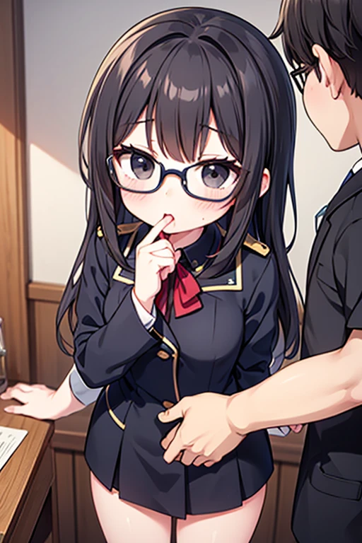 (masterpiece, best quality, ultra-detailed, high resolution, detailed eyes), takeda hiromitsu style, (1mature female), voluptuous body, huge breasts, teacher, makeup, slant eyes, annoyed, black hair up, glasses, navy business suit, pencil skirt, sittng, looking up, pov, thick ????? ,(deepthroat:1.2), (boy is grabbing woman's head with both hands), blushing, tears