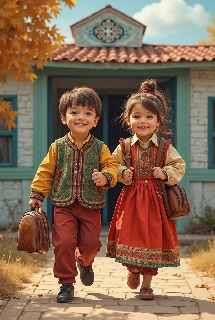 Boy and girl wearing a Mexican military uniform, navy blue with red details., mixed with magical touches in the style of Harry Potter