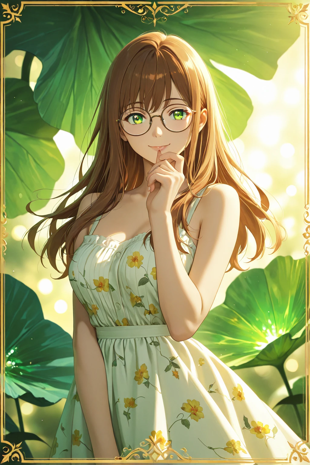 (a woman and an exotic plant in a forest) full image, a young female botanist, long wavy brown hair with glasses, her mouth slightly open, drool flowing from her mouth, a surprised but happy woman, a big breast , blouse a little open, look near a white lily, in an exotic forest, (a plant with a big white lily), ((the flower hypnotizes the woman)),  on this white shirt on the chest, woman to sexually exit, a herb with a small needle coming out of the plant comes to prick the woman's nipples, hentai , sex, young girl