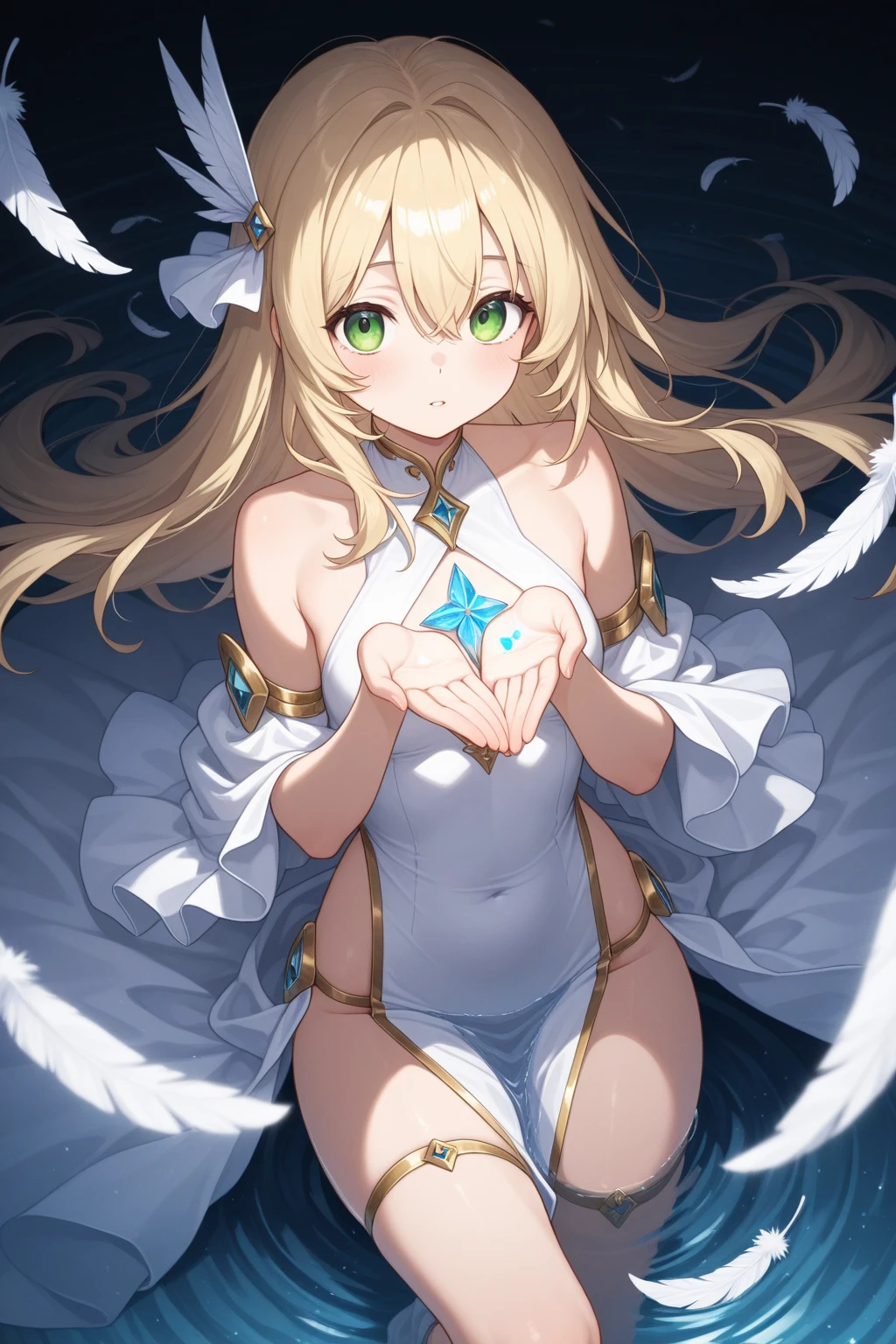 (4K、High resolution image quality、Detailed light、Detailed Shadows、Detailed Design)、1 girl、Blonde、Long Hair、Straight Hair、Fantasy、Blue and white outfit、((Modest chest、Small breasts))、Angel、((Valkyrie))、the navel is slightly visible、Decoration on the head、Angelの翼、Big feather、Glowing feathers、cave、resist、(Monster with tentacles)、((Countless tentacles))、(Tentacle torture)、((Many tentacles bind his arms))、Transparent mucus、Lust、Estrus、Inferiority、Redness、((sexual excitement、To be made to cum、Disliked expression))、