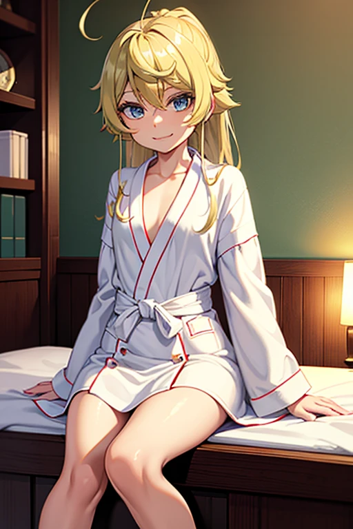 masterpiece,best quality, ultra-detailed,1girl(sakurai momoka, lovely small breasts, naked body, wavy hair, long hair, blonde hair, headband, pink flower in hair,green eyes, half-closed eyes), a charming face, parted lips, nose blush, blush, facing viewer , looking at viewer, head tilt, solo, pajama, cleavage, in the bedroom, night time, standing, seductive, a seductive pose
