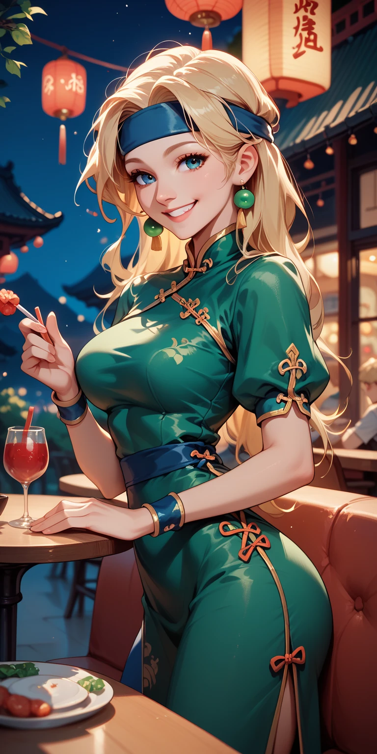 light effect, soft, super clear, high-definition picture, (front), masterpiece, cinematic lighting, Tsunade hokage, orange eyes, blonde hair, 1girl, solo, looking at viewer, smile, large breast, open shoulder, green long dress, wine glass holding, gala dinner