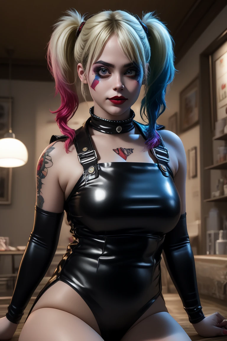 Harley quinn dressed as Beetlejuice, detailed face, mesmerizing eyes, vibrant purple and green hair, sinister smile, pale skin, striped suit, theatrical pose, dark and grungy atmosphere, (best quality,4k,8k,highres,masterpiece:1.2),ultra-detailed,(realistic,photorealistic,photo-realistic:1.37),cinematic lighting,moody colors,gothic horror,surreal