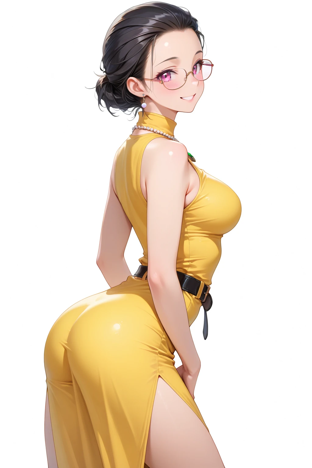 masterpiece, best quality, 1girl, solo, <lora:newt-xb-richy-v1:1> newt, (green skin:1.3), hat, red eyes, glasses, (yellow sundress:1.3), garden, from behind, ass, looking at viewer, smile, blush, thighs, beautiful, fantasy, picturesque, sunbeam, sunlight