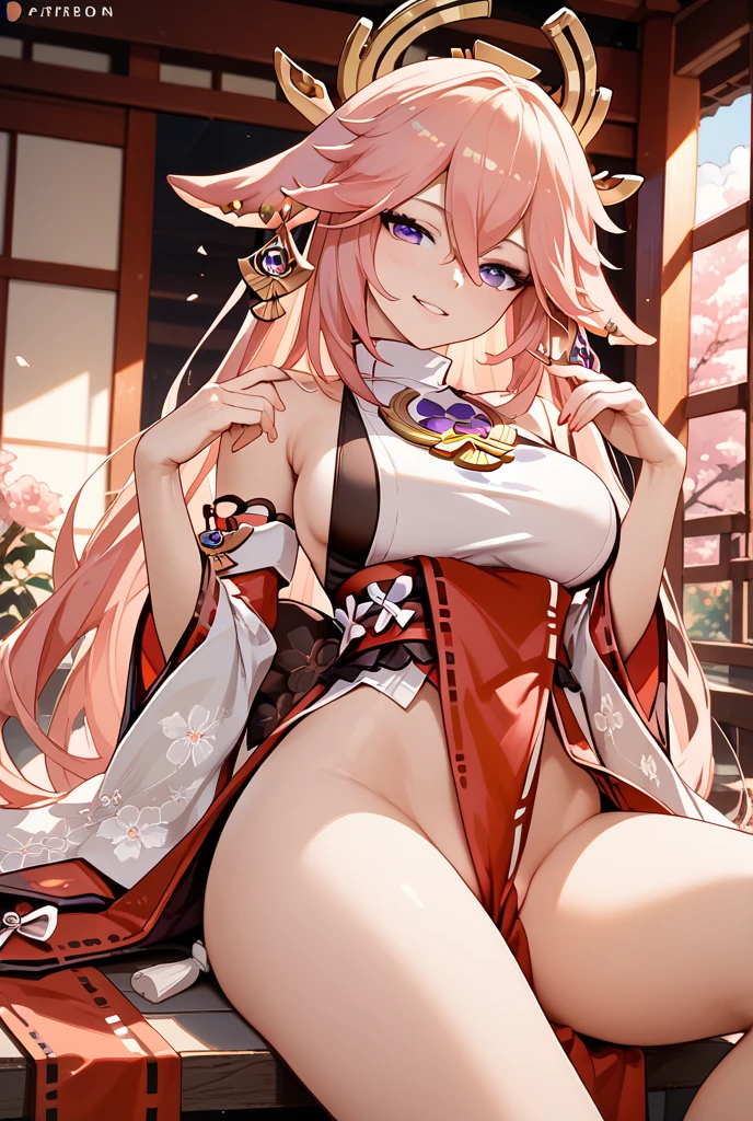 NSFW,Genshin,yae miko,Miko costume,sitting on the floor,girl sitting,spread your legs,T-back,grin,1 girl,1 boy,provocation,man behind girl,background:Japanese style room