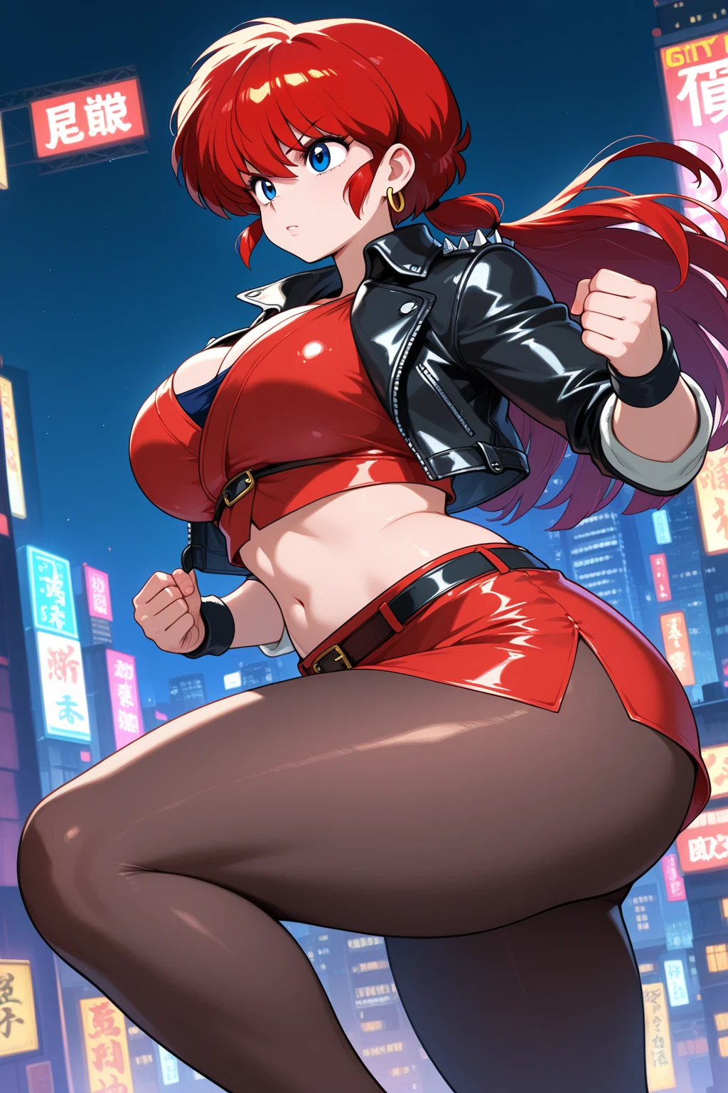 1girl, solo, detailed face, detailed eyes, red hair, long ponytail, white eye, serious, eyepatch, huge breasts, huge ass, wide hips, leather jacket, black pants, cleavage, unzipped, outdoors, city