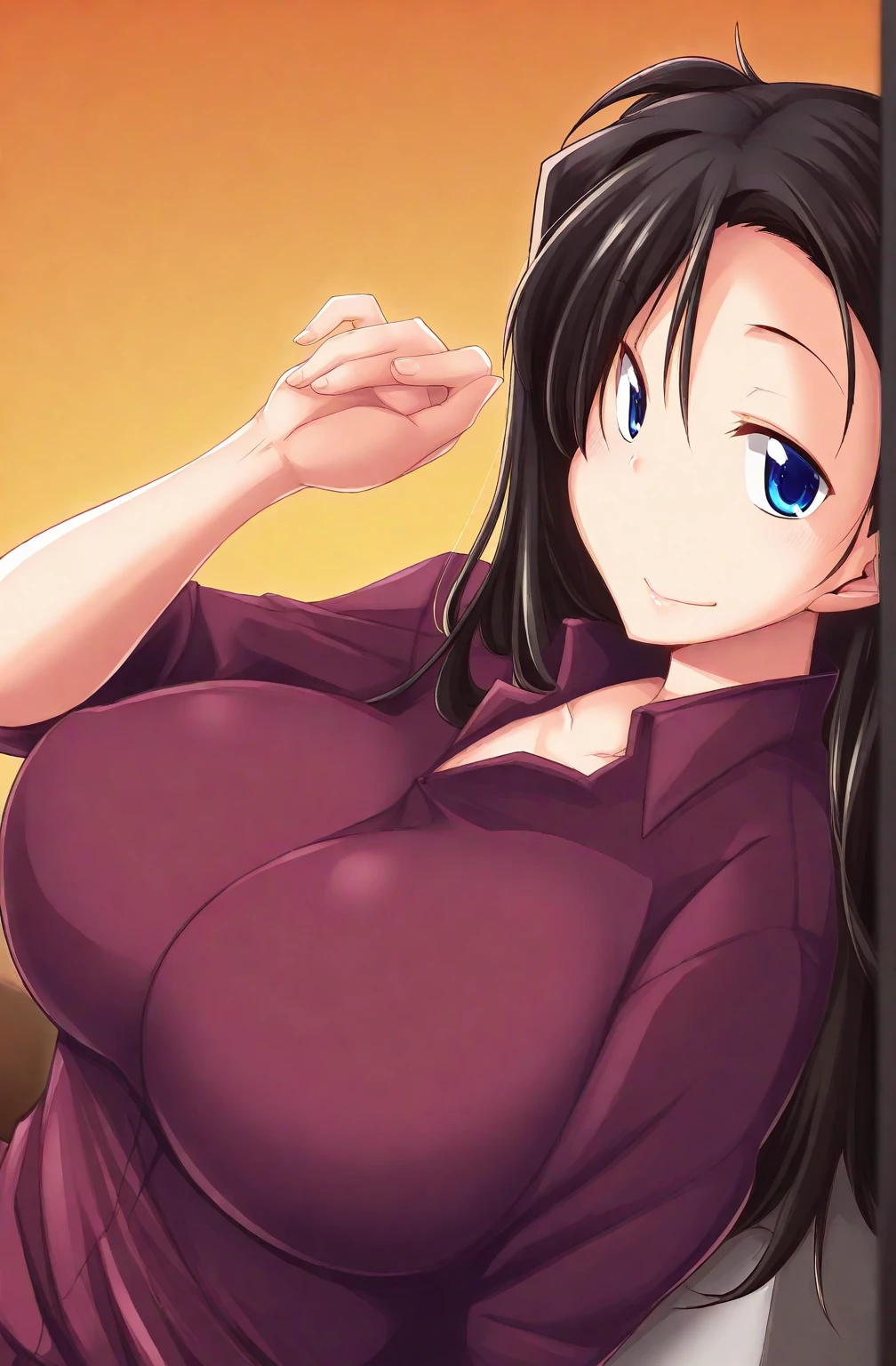 1 girl, alone, brown hair, orange eyes, big lips, long hair, collared shirt, short sleeve, shirt ruffles, have a closed laptop , raise button, hourglass illustration, tight waist, indoor, light smile, Are standing, cleavage, pencil skirt, detailed face and eyes, thigh height, asymmetrical bangs, earrings, realistic, (visual novel sprites), head tilt, adorable, cute pose, jewelry, bracelet, necklace, center, office lady, open shot, There&#39;s space above her head, detailed background, big breasts