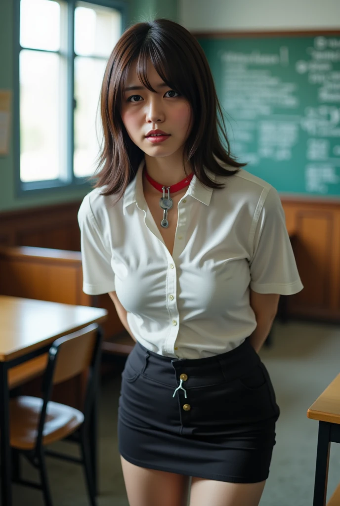 8K quality、High resolution、Beautiful fair skin texture、High resolutionの瞳、Japanese high school girls、Summer uniform、Open-neck short-sleeved white shirt、Cleavage、mini skirt、Brown Princess Hair、、Small breasts、Sweat accumulates in the chest、classroom